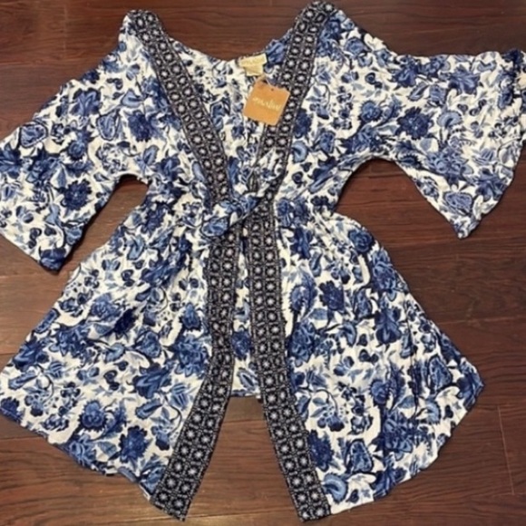 Free People Jackets & Blazers - Jacket NALINI Top Rayon Blue White Floral Print Tie Front Size Medium One Size